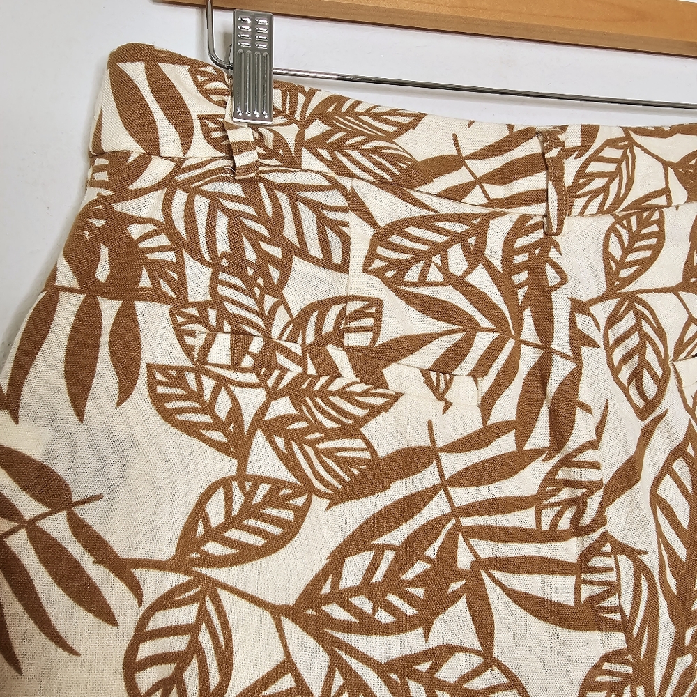 House of Harlow 1960 Cream | Tan Leaf Print Linen Pleated Straight Pants 10 - Picture 4 of 7